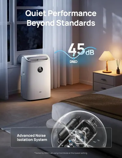 Communicates the product's exceptionally low noise level of 45dB to reassure shoppers that it operates quietly and won't disturb their living space. Highlights the internal noise isolation…