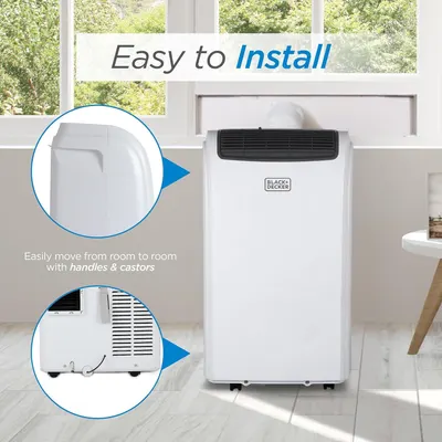Demonstrates the product's ease of installation and portability by highlighting the window installation kit and built-in handles and castors for room-to-room mobility. Showcases two distinct…