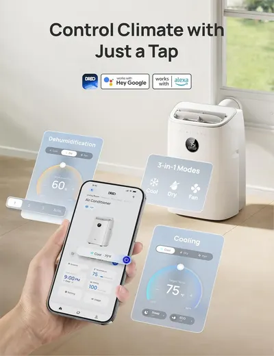 Demonstrates the air conditioner's multiple smart features and operational modes, showing shoppers they can control climate settings via app, voice commands, and access various functions including…