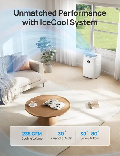 Communicates the product's quantifiable performance specifications to demonstrate its cooling power, directional airflow capability, and adjustable swing range, reassuring shoppers of its…