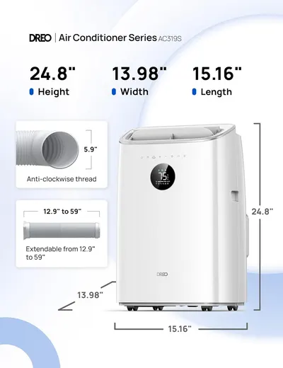 Communicates the exact physical dimensions of the air conditioner unit (height, width, length) and highlights the extendable hose feature to help shoppers understand the product's size and…