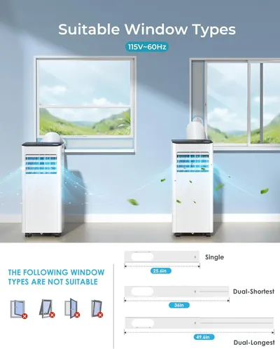 Demonstrates which window types are compatible with the portable air conditioner and which are not, helping shoppers determine if the product will work in their space.