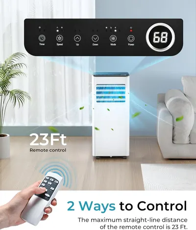 Communicates the remote control's maximum operating distance of 23 feet to reassure shoppers about convenient wireless control from across the room. Highlights the dual control options (remote and…