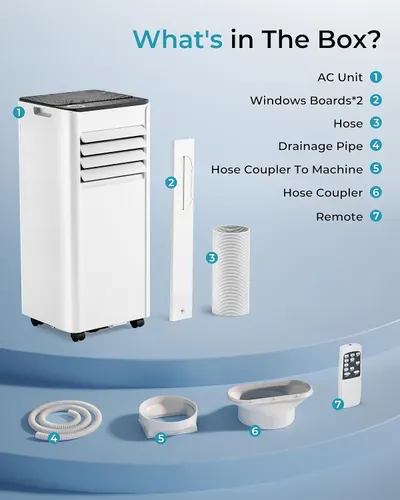 Shows all components included with the portable AC unit purchase, helping shoppers understand they receive everything needed for installation and operation including the unit, window boards, hoses,…