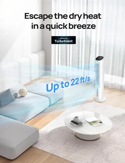 Communicates the powerful airflow capability of the tower fan to reassure shoppers it can effectively cool their space quickly. Highlights the fan's ability to provide quick, powerful cooling relief…