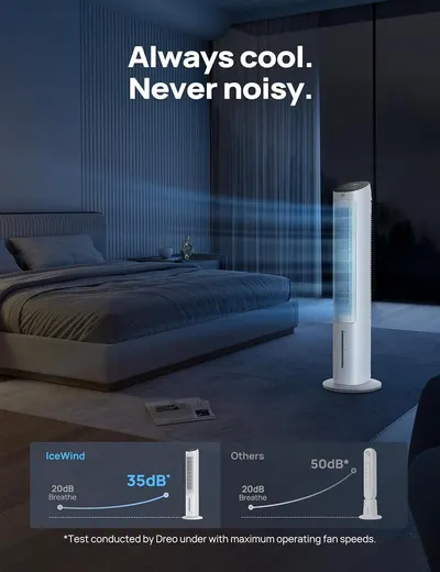 Communicates that the IceWind product operates at significantly lower noise levels (35dB vs 50dB) compared to competitors, emphasizing its quiet performance for peaceful environments like bedrooms.…