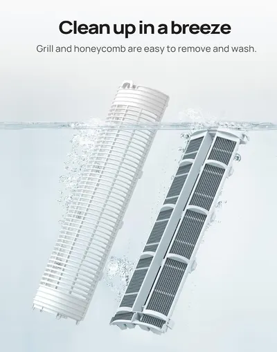 Demonstrates how easy it is to clean the product by showing the grill and honeycomb components submerged in water, reassuring shoppers that maintenance is simple and hassle-free. Highlights the…