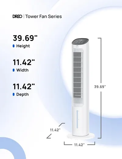 Communicates the exact physical dimensions of the tower fan to help shoppers understand its size and footprint before purchase.