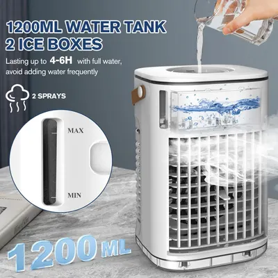 Communicates multiple key features of the evaporative cooler including large water capacity, ice box cooling, extended runtime, and dual spray functionality to demonstrate comprehensive cooling…