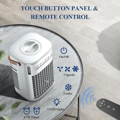 Communicates the product's multiple control options and features, including touch panel controls, remote operation, adjustable speeds, timer, lighting, and cooling mode to demonstrate versatility…