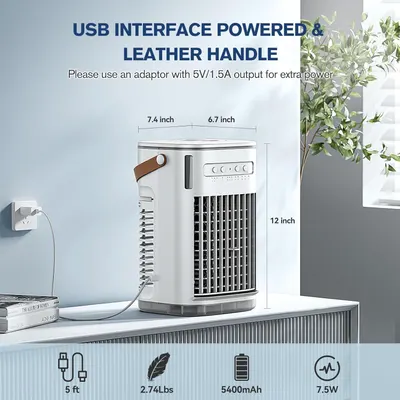Communicates multiple key product benefits including USB power compatibility, portability via leather handle, lightweight design, battery capacity, power efficiency, and compact dimensions to help…