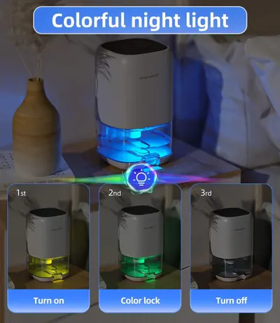 Demonstrates the three-step operation sequence for the product's colorful night light feature: how to turn it on, lock a color, and turn it off. Highlights the product's colorful ambient lighting…