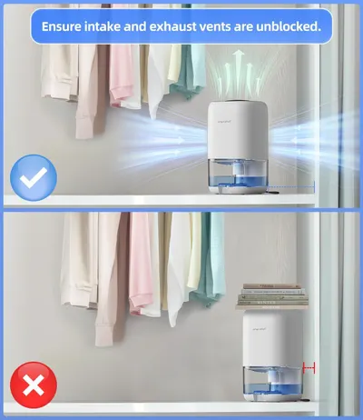 Instructs shoppers on the correct installation method by showing proper vent clearance (top image with checkmark) versus improper blocked placement (bottom image with X mark). Communicates the…