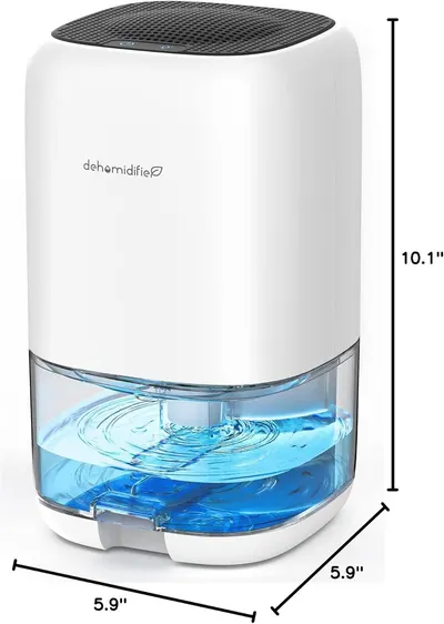 Communicates the exact physical size of the dehumidifier (10.1" height, 5.9" width and depth) to help shoppers understand if it will fit in their intended space.