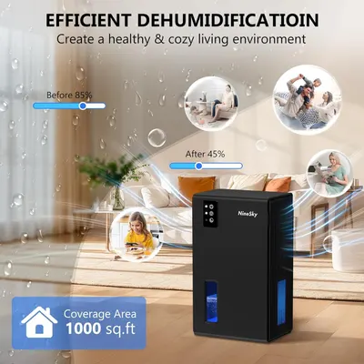Communicates the dehumidifier's quantifiable performance metrics—reducing humidity from 85% to 45%—and its large 1000 sq.ft coverage area to demonstrate effectiveness and suitability for whole-home…