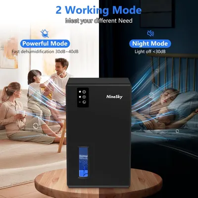 Demonstrates the dehumidifier's two operating modes to show versatility: a powerful mode for fast dehumidification during the day and a quiet night mode for undisturbed sleep.