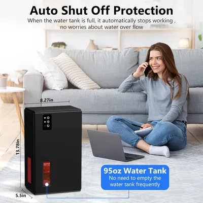 Highlights the large 95oz water tank capacity to reassure shoppers they won't need to refill frequently, emphasizing convenience and low maintenance. Shows the exact physical dimensions of the…