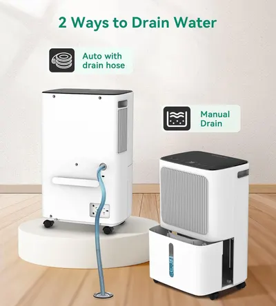 Explains the two methods available for draining water from the dehumidifier—automatic with drain hose or manual drain—to help shoppers understand setup flexibility and convenience. Highlights the…