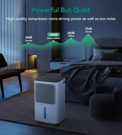 Communicates the dehumidifier's low noise output across different operating modes (20dB-75dB) to reassure shoppers that the product is powerful yet quiet enough for bedroom and office use.…
