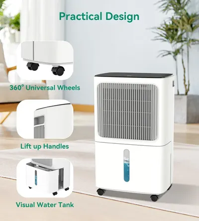 Highlights three distinct practical design features of the dehumidifier to communicate ease of mobility, portability, and convenient water level monitoring.