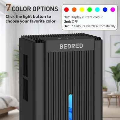 Highlights the product's customizable 7-color lighting feature and explains how to use the button controls to select colors, reassuring shoppers of personalization options.