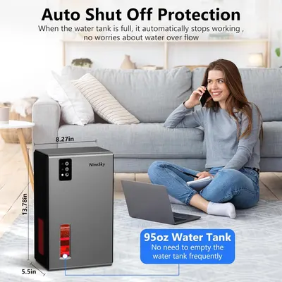 Communicates multiple key benefits including automatic overflow protection, large water tank capacity, and product dimensions to reassure shoppers about safety, convenience, and fit.