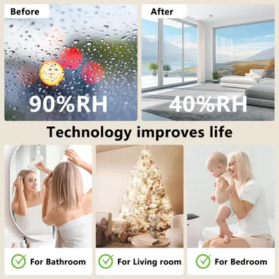 Demonstrates the product's effectiveness at reducing humidity from 90% RH to 40% RH, showing the transformation from foggy, moisture-laden conditions to clear, comfortable living spaces. Shows the…