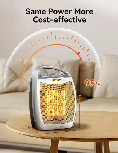 Communicates the physical dimensions of the space heater (9.6in height x 7in width) to help shoppers understand its compact footprint and portability. Highlights the heater's ability to reach 95°F,…