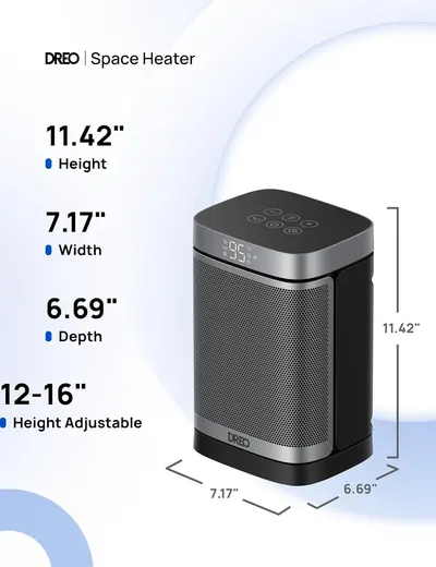 Communicates the exact physical dimensions of the space heater to help shoppers understand its size and footprint, and highlights that the height is adjustable.