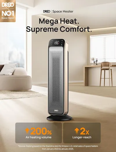 Communicates the space heater's superior heating performance through two distinct quantifiable benefits: doubled air heating volume and extended reach compared to competitors.