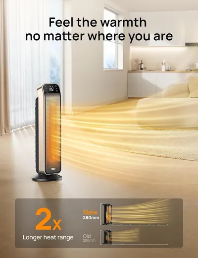 Communicates the product's superior heating performance by showing it has 2x longer heat range compared to the old model, reassuring shoppers of improved coverage and effectiveness. Highlights the…