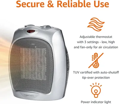 Communicates multiple safety and usability features of the space heater to reassure shoppers about its reliability, safety certifications, and convenient controls.