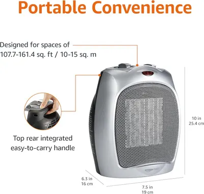 Communicates the physical size of the heater and the room coverage it's designed for, helping shoppers understand if it fits their space needs. Highlights the product's portability and ease of…