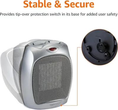 Highlights the product's built-in tip-over protection switch to reassure shoppers that the heater is safe to use and will automatically shut off if tipped over. Communicates the stability and safety…