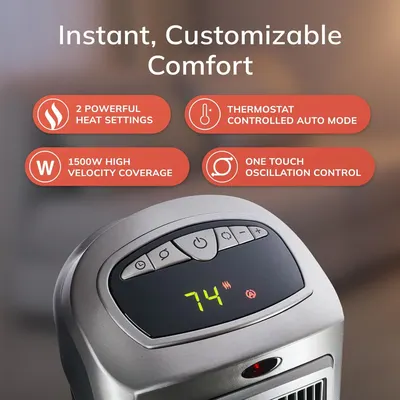 Communicates multiple key features of the heater in a segmented layout to show versatility, power, and ease of use, reassuring shoppers of customizable comfort and convenience.