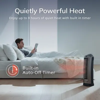 Communicates that the heater provides powerful yet quiet heating with a built-in timer feature, reassuring shoppers about convenience and peaceful operation in their living space.