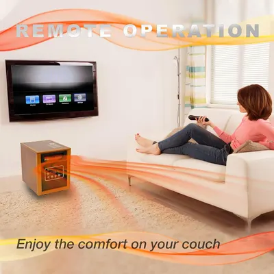 Communicates the convenience of remotely controlling the heater from the couch, emphasizing comfort and ease of use.