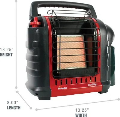Communicates the exact physical dimensions of the portable heater (13.25" height, 8.00" length, 13.25" width) to help shoppers understand its size and portability for their space.
