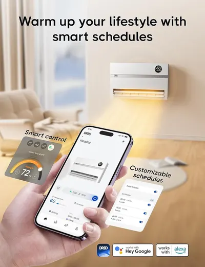 Communicates multiple smart features of the heater including customizable scheduling, smartphone app control, and compatibility with Google and Alexa voice assistants to show convenience and modern…