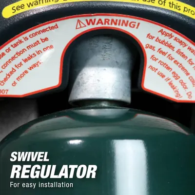 Highlights the swivel regulator component of the product to show shoppers the specific part that enables easy installation and connection. Communicates that the swivel regulator feature makes…