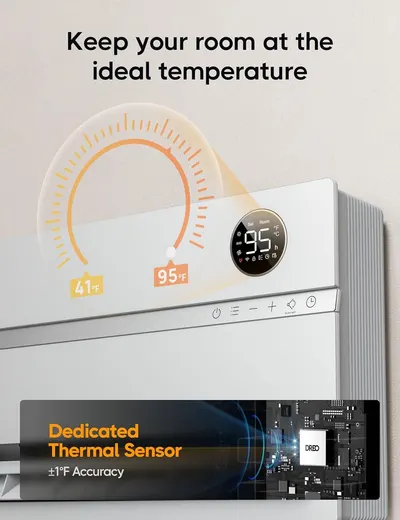 Communicates the air conditioner's ability to maintain ideal room temperature through its digital display and highlights the precision of its dedicated thermal sensor with ±1°F accuracy.