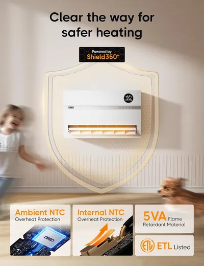 Communicates the comprehensive safety features of the heater, including overheat protection, flame-retardant materials, and ETL certification, to reassure shoppers that this is a safe heating…
