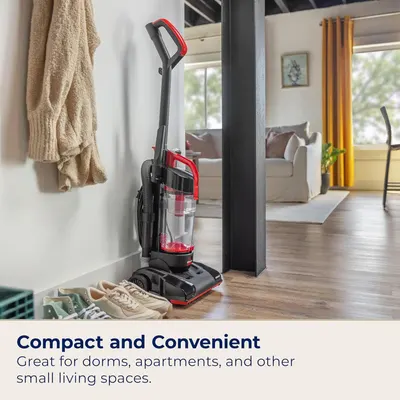 Demonstrates the vacuum's compact size and convenient storage capability in real-world home settings, reassuring shoppers it fits well in small living spaces like dorms and apartments.