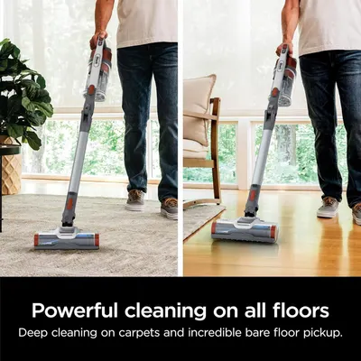 Demonstrates the vacuum's versatility by showing it effectively cleaning two different floor types (carpet and hardwood), reassuring shoppers it works across multiple surfaces in their home.…