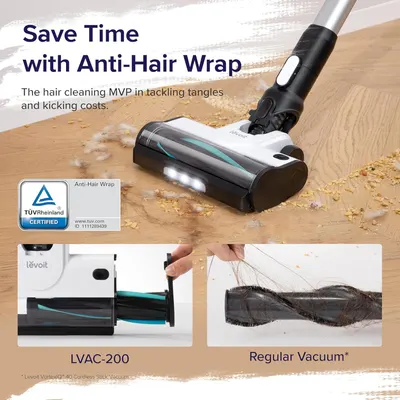 Demonstrates the superiority of the LVAC-200's anti-hair wrap feature by showing a clean brush roller compared to a regular vacuum's tangled brush, reassuring shoppers that this product saves time…