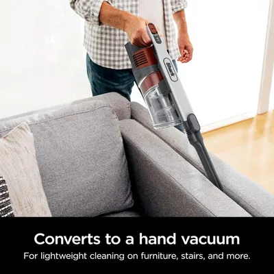 Highlights the product's convertibility feature, showing it can transform into a handheld vacuum for lightweight cleaning on furniture, stairs, and other surfaces.