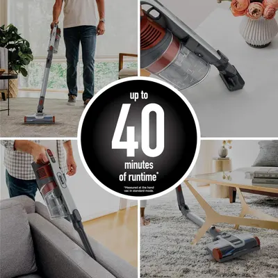 Communicates the vacuum's battery life performance to reassure shoppers they can clean for extended periods without recharging. Demonstrates the vacuum's versatility by showing it being used in…