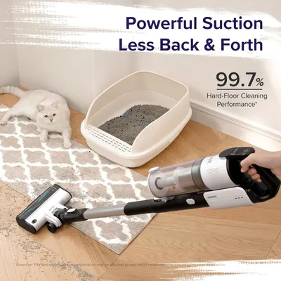 Communicates the vacuum's exceptional cleaning effectiveness with a bold quantifiable performance stat to reassure shoppers of its powerful suction capability. Highlights the vacuum's powerful…