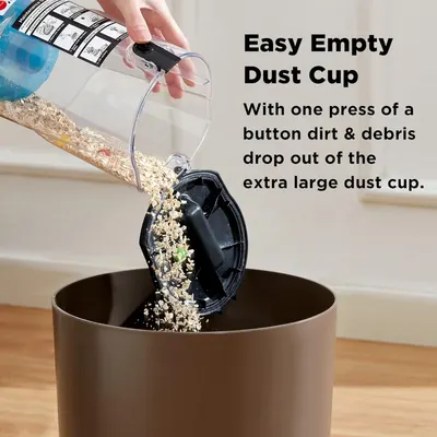 Demonstrates how simple it is to empty the dust cup with one button press, reassuring shoppers that maintenance is quick and mess-free. Highlights the convenience of the easy-empty dust cup feature…