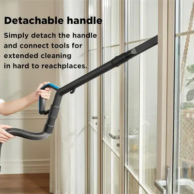 Highlights the detachable handle feature that allows users to connect tools for extended cleaning in hard-to-reach places, emphasizing versatility and convenience.